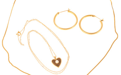 A Pair of Hoops & Two Pendant Necklaces in 14K