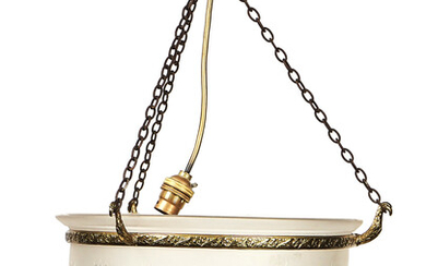 A REGENCY STYLE GILT-BRASS MOUNTED FROSTED GLASS HANGING LIGHT