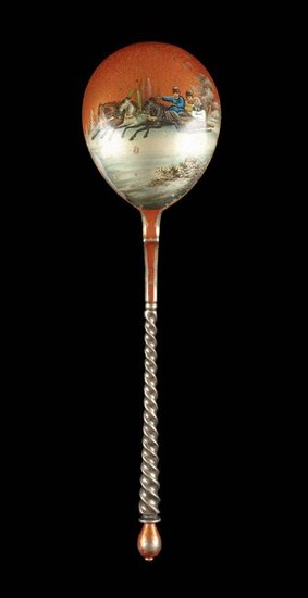 A SILVER-GILT AND LACQUER SPOON WITH A WINTER TROIKA