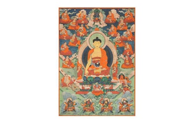 A TIBETAN 'SHAKYAMUNI AND EIGHTEEN ARHATS' THANGKA 十九世紀 藏傳沙迦牟尼與十八羅漢唐卡