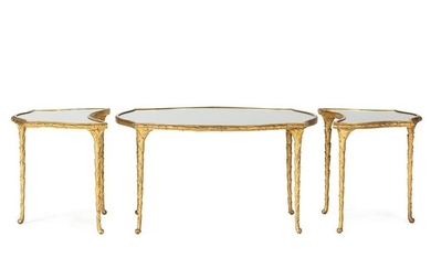 A Three Part Gilt Bronze Mirrored Coffee Table, Style
