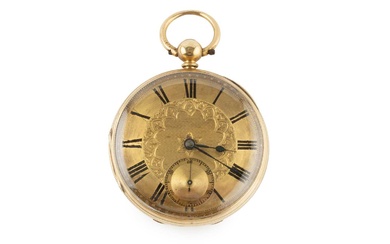 A Victorian 18ct gold open face pocket watch, the engine...