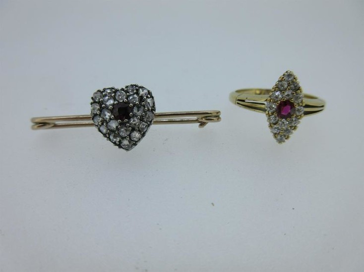 A Victorian diamond and ruby navette ring and a diamond
