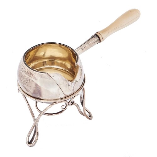 A Victorian silver brandy saucepan, with turned ivory handle...
