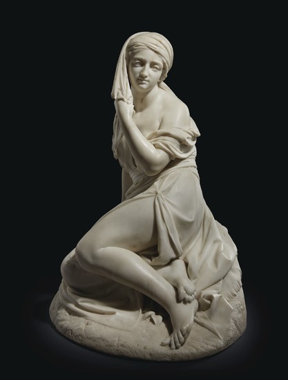 A WHITE MARBLE FIGURE OF AN ODALISQUE, FRENCH OR ITALIAN, SECOND QUARTER 19TH CENTURY