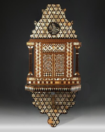 A WOODEN MOTHER-OF-PEARL INLAID TURAN HOLDER, 19TH