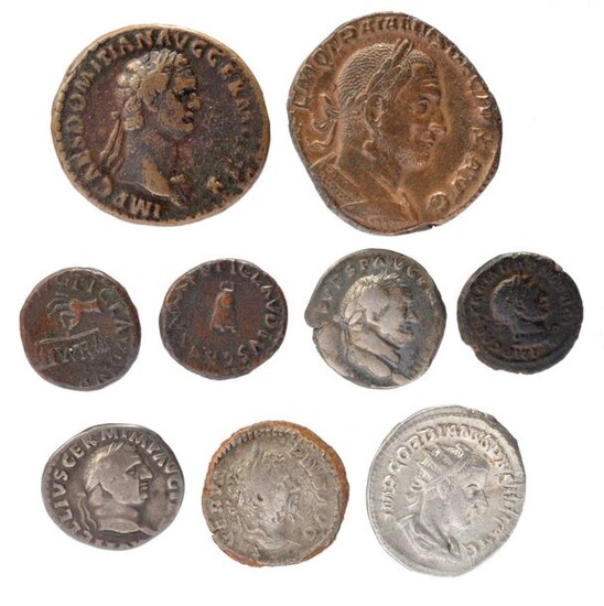 A collection of Ancient Roman coins, including; Roman Imperial Coinage, Claudius, Quadrans, Rome, 41, hand holding scales, p n r between pans, rev. large s c, 3.32g (RIC 85). near very fine; Vitellius, Denarius, Rome, July-December 69, laureate bust...
