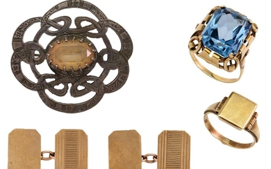 A collection of jewellery: comprising a pair of 9ct gold cufflinks, each of cut-cornered rectangular design with engraved line decoration, British hallmarks for Birmingham 1954; a synthetic spinel dress ring, ring size P; a signet ring, ring size...