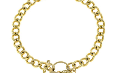 A curb-link bracelet, gathered at a 9ct gold padlock clasp.