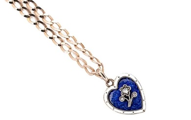 A diamond and enamel heart locket and modern chain