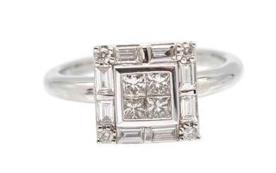 A diamond set 14ct white gold ring, comprising a square...