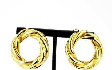 A heavy pair of 18ct yellow gold hoop earrings, L. 3cm.