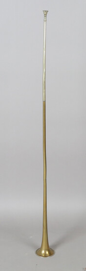 A late 19th century nickel and brass coaching horn, length 125cm.