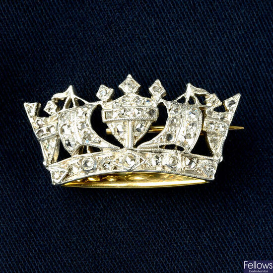 A mid 20th century silver and gold, rose-cut diamond Royal Navy and Merchant Services crown brooch.