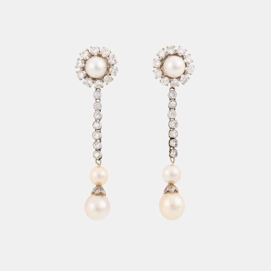 A pair of 18K white gold and cultured bouton pearl earrings set with round brilliant-cut diamonds