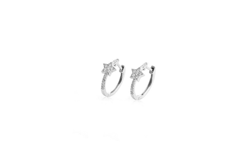 A pair of 18ct white gold (stamped 750) diamond set star shaped hoop earrings, L. 1.5cm.