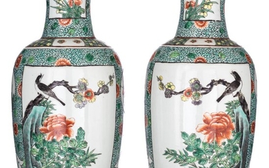 A pair of Chinese famille verte vases, 19thC, H 45 cm