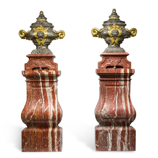 A pair of French gilt-bronze mounted Rosso Levanto marble vases and pedestals, in the Louis XV style, late 19th/early 20th century