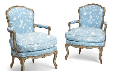 A pair of Louis XV grey painted fauteuils