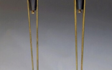 A pair of Mid Century style uplighter floor lamps, on four cylindrical supports to circular base, 141cm high (2) It is the buyer's responsibility to ensure that electrical items are professionally rewired for use