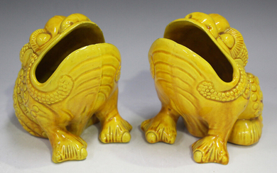 A pair of Wardle pottery spoon warmers, late 19th century, each in the form of a grotesque frog cove