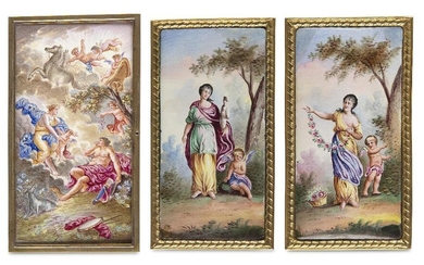 A pair of continental enamel plaques, late 19th/early 20th century, each depicting a classical female figure and Cupid in a landscape setting, in gilt-brass frames, 11 x 6cm; together with an enamel plaque of Venus and Mars with winged putto, a...