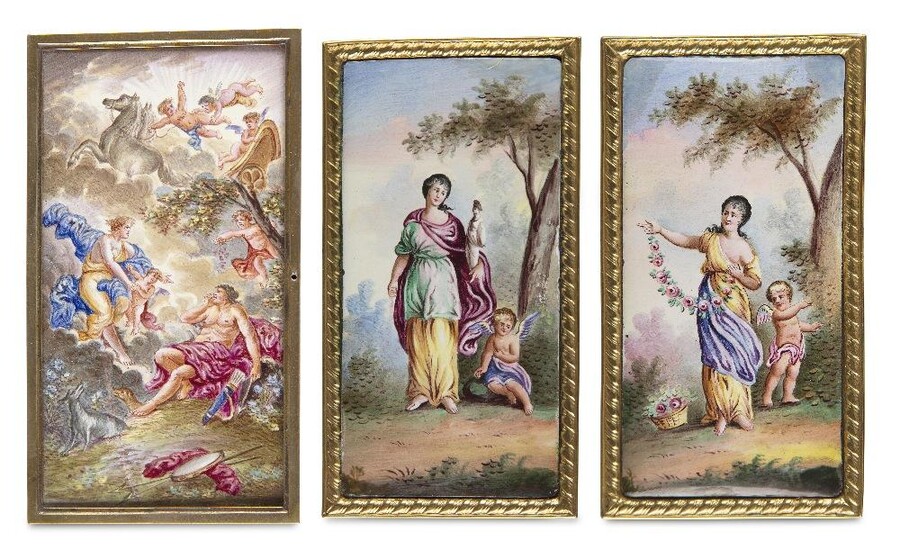 A pair of continental enamel plaques, late 19th/early 20th century, each depicting a classical female figure and Cupid in a landscape setting, in gilt-brass frames, 11 x 6cm; together with an enamel plaque of Venus and Mars with winged putto, a...