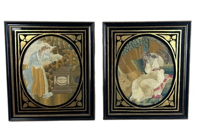 A pair of late 18th century oval silk embroidered pictures i...