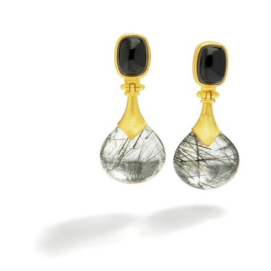 A pair of onyx and rutilated quartz earrings