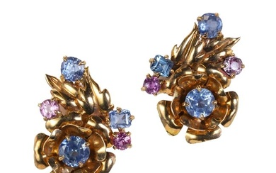 A pair of rose gold varicoloured sapphire clip earrings, c.1950