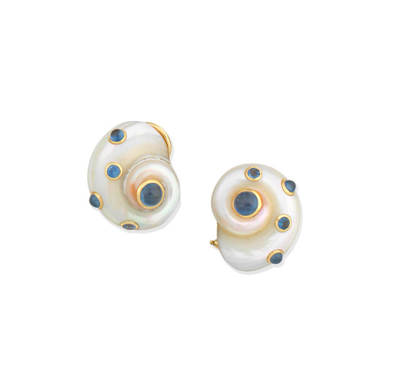 A pair of sapphire shell earclips,, by Trianon for Seaman Schepps