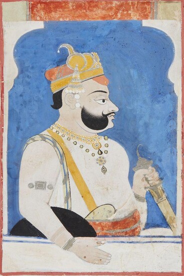 A portrait of ruler Raj Singh of Sawar, Sawar, circa 1730, opaque pigments on paper, shown at a balcony in profile and holding a sword, 32.6 x 21.5cm Provenance: Private German Collection formed in the 1970s
