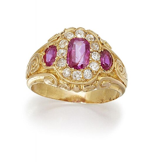 A ruby and diamond cluster ring, the...