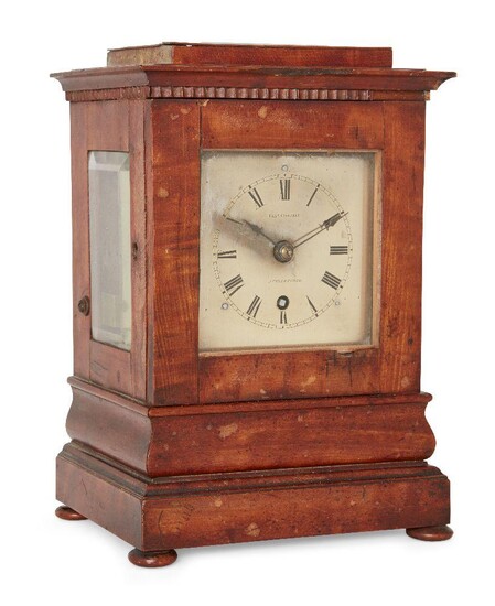A satinwood mantel timepiece, early to mid 19th century, the satinwood case with bevelled glass panels to sides and top, on plinth base and bun feet, the brass dial with Roman numerals and outer minute track, signed FRAs CORRELL. LUTTERWORTH, with...