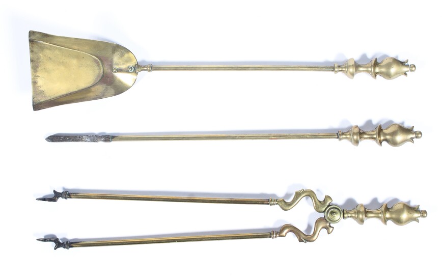 A set of Victorian brass fire companion set, comprising: a shovel, tongs and a poker