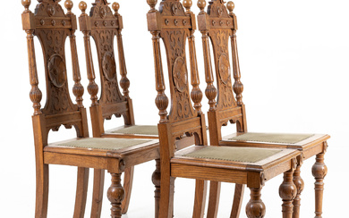 A set of four oak chairs, Neo-Renaissance, around the turn of the century 1900.