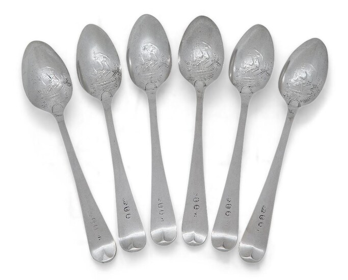 A set of six George III silver 'Galleon' picture-back teaspoons, London, 1794, John Priestman, Old English pattern, the reverse of each bowl with right-facing galleon, the front of each stem with bright cut decoration and initial, 12.5cm long...