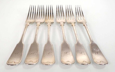 A set of six Victorian silver fiddle pattern table forks,...