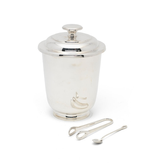 A silver ice bucket and cover