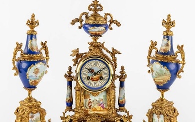 A three-piece mantle garniture clock and side pieces, bronze mounted with porcelain. (L:12 x W:20 x