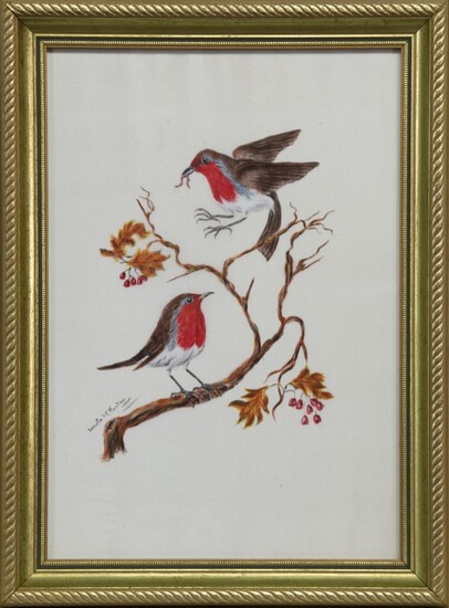 AMERICAN ROBINS, A WATERCOLOUR ON SILK BY LUCILLE FENTON