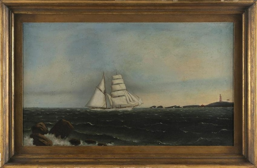 AMERICAN SCHOOL (Early 20th Century,), A white-hulled brigantine off a lighthouse., Oil on canvas