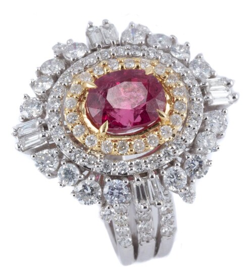 AN 18CT TWO TONE GOLD SPINEL AND DIAMOND STAR BURST COCKTAIL RING; four claw set in yellow gold with an oval cut reddish pink 2.05ct...