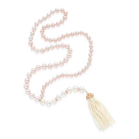 AN 18K ROSE GOLD, CULTURED PEARL AND DIAMOND TASSEL NECKLACE