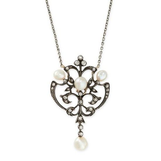 AN ANTIQUE PEARL AND DIAMOND PENDANT NECKLACE of open
