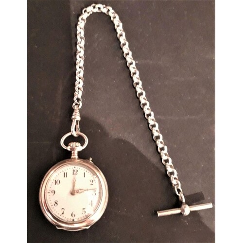 AN ANTIQUE SILVER CASED POCKET WATCH AND CHAIN, with white e...