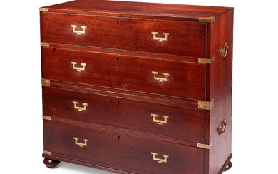 AN EARLY VICTORIAN TEAK AND BRASS MOUNTED CAMPAIGN CHEST OF DRAWERS, MID 19TH CENTURY