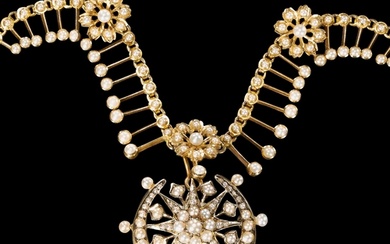ANTIQUE GOLD PEARL FRINGE NECKLACE WITH A PEARL CRESCENT BRO...