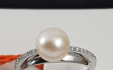 Alfieri & St. John - 18 kt. White gold - Ring - 0.16 ct Diamond - Pearl, Sapphire