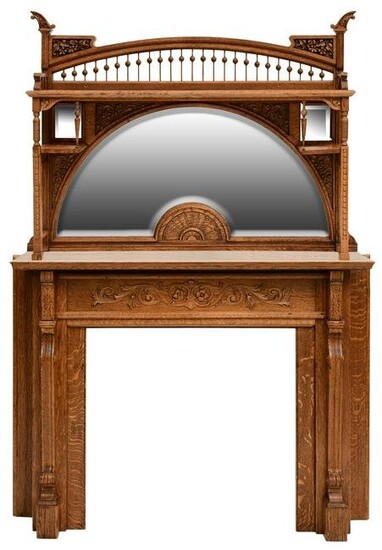 American Carved Oak Fireplace Mantel with Over Mirror